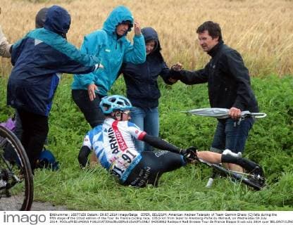 IEPER, BELGIUM: American Andrew Talansky of Team Garmin-Sharp (C) falls during the fifth stage of the 101st edition of the Tour de France cycling race, 155,5 km from Ieper to Arenberg-Porte du Hainaut, on Wednesday 09 July 2014. POOLxFREDxMONS  04253882