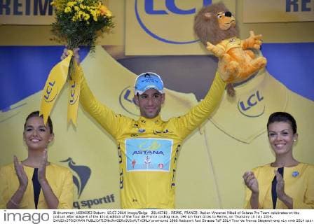 20140710 - REIMS, FRANCE: Italian Vincenzo Nibali of Astana Pro Team celebrates on the podium after stage 6 of the 101st edition of the Tour de France cycling race, 194 km from Arras to Reims, on Thursday 10 July 2014. DAVIDxSTOCKMAN  premiumd 2866