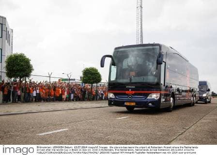 the players bus leave the airport at Rotterdam Airport where the Netherlands arrived after the World Cup in Brazil on July 13, 2014 in Rotterdam, The Netherlands. Netherlands Arrival Rotterdam 2013 2014 xVIxxIVx 2450698