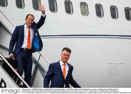 (L-R) Danny Blind of the Netherlands, Louis van Gaal of the Netherlands at Rotterdam Airport where the Netherlands arrived after the World Cup in Brazil on July 13, 2014 in Rotterdam, The Netherlands. Netherlands Arrival Rotterdam 2013 2014 xVIxxIVx 2450871
