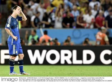 RIO DE JANEIRO, July 13, 2014 (Xinhua) -- Argentina s Lionel Messi reacts after the final match between Germany and Argentina of 2014 FIFA World Cup at the Estadio do Maracana Stadium in Rio de Janeiro, Brazil, on July 13, 2014. Germany won 1-0 over Argentina after 120 minutes and took its fourth World Cup title on Sunday. (Xinhua Qi Heng)(pcy) (SP)BRAZIL-RIO DE JANEIRO-WORLD CUP 2014-FINAL-GERMANY VS ARGENTINA 