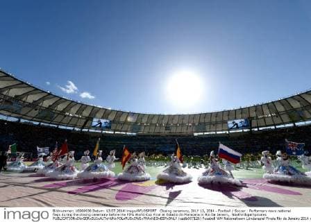 1 Jahr bis WM 2022: Historie, Stadien und Architektur Closing ceremony, JULY 13, 2014 - Football Soccer : Performers wave national flags during the closing ceremony before the FIFA World Cup Final at Estadio do Maracana in Rio De Janeiro,. Noxthirdxpartyxsales  (uzdb007126)
