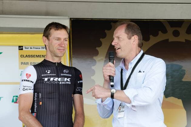 2014, Tour de France, tappa 10 Mulhouse - La Planche des Belles Filles, Trek Factory 2014, Voigt Jens, Prudhomme Christian, Mulhouse Tour de France 2014 - 10. Etappe - Jens Voigt und Christian Prudhomme  Foto: Serge Waldbillig