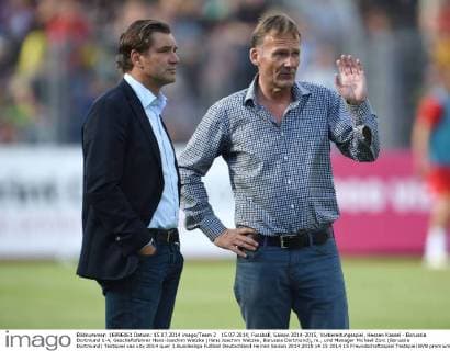 15.07.2014, Fussball, Saison 2014-2015, Vorbereitungsspiel, Hessen Kassel - Borussia Dortmund 1-4, Geschäftsführer Hans-Joachim Watzke (Hans Joachim Watzke, Borussia Dortmund), re., und Manager Michael Zorc (Borussia Dortmund)