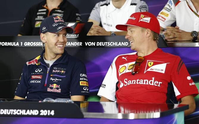Motorsports: FIA Formula One World Championship 2014, Grand Prix of Germany, 1 Sebastian Vettel (GER, Infiniti Red Bull Racing), 7 Kimi Raikkonen (FIN, Scuderia Ferrari), xHOCHxZWEIx