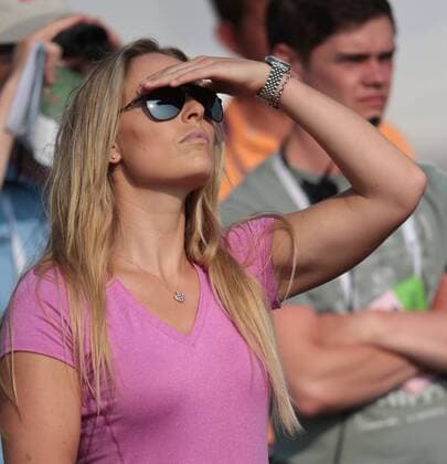 Tiger Wood s girlfriend Lindsey Vonn watches the golf on the second day of the 2014 Open Golf Championships in Hoylake on July 18, 2014.  LON2014071831
