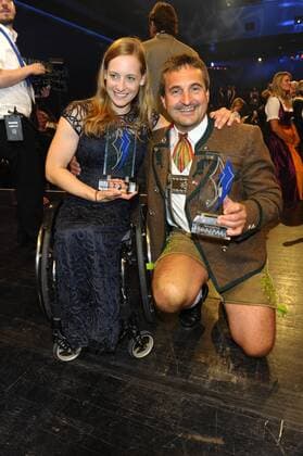 Anna Schaffelhuber und Georg Hackl Bayerische Sportpreis 2014 Ehrung, Auszeichnung. Preis BMW-Welt München 19. Juli 2014