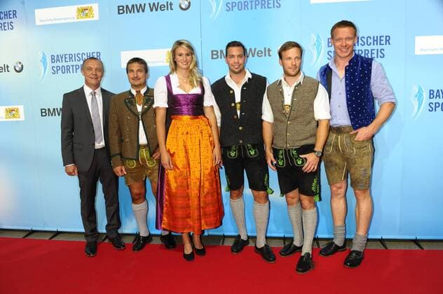 Norbert Loch, Georg Hackl, Natalie Geisenberger, Tobias Arlt, Tobias Wendl und Felix Loch Bayerische Sportpreis 2014 BMW-Welt München 19. Juli 2014