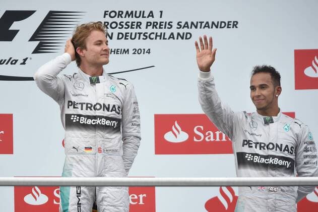 Nico ROSBERG (GER) Mercedes AMG,winner,Sieger,re:Lewis HAMILTON (GBR),Mercedes AMG,SiegerehrungAktion,Jubel,Freude,Begeisterung. Motorsport:Rennen.Formel 1,Grand Prix GP von Deutschland Hockenheimring,Saison2014,am 20.07.2014.