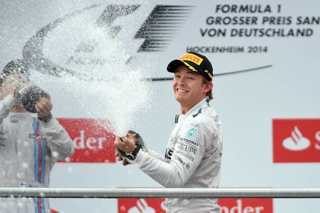 Nico ROSBERG (GER) Mercedes AMG,winner,Sieger,li:Valtteri BOTTAS (FIN) Williams F1 Team,SiegerehrungAktion,Jubel,Freude,Begeisterung.Champagnerdusche. Motorsport:Rennen.Formel 1,Grand Prix GP von Deutschland Hockenheimring,Saison2014,am 20.07.2014.