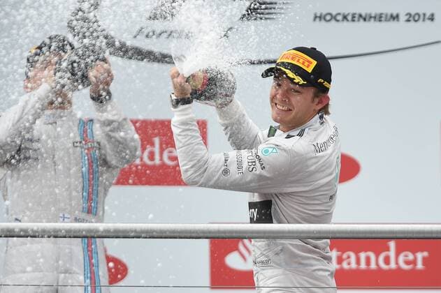 Nico ROSBERG (GER) Mercedes AMG,winner,Sieger,li:Valtteri BOTTAS (FIN) Williams F1 Team,SiegerehrungAktion,Jubel,Freude,Begeisterung.Champagnerdusche. Motorsport:Rennen.Formel 1,Grand Prix GP von Deutschland Hockenheimring,Saison2014,am 20.07.2014.