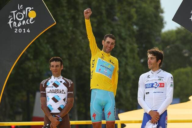 Tour de France 2014 27.07.2014, Radsport Tour de France, Frankreich, Etappe 21 Evry - Paris, Champs-Elysees v.l.Zweiter Platz Tour de France 2014 Jean-Christophe Peraud (AG2R La Mondiale - 81) - Sieger der Tour de France 2014, Maillot Jaune Vincenzo Nibali (Astana Pro Team - 41) mit Siegerfaust - Bester Jungfahrer, Maillot Blanc der Tour de France 2014 Thibaut Pinot (FDJ.FR - 127) Podium