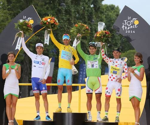 (From L to R) France s Thibaut Pinot, Italy s Vincenzo Nibali, Slovakia s Peter Sagan and Poland s Rafal Majka celebrate on the presentation podium after the Tour de France in Paris on July 27, 2014. Nibali won the race, becoming the sixth man to win all three Grand Tours - the Tour de France, Giro d Italia and Vuelta a Espana.  PAR201407127743