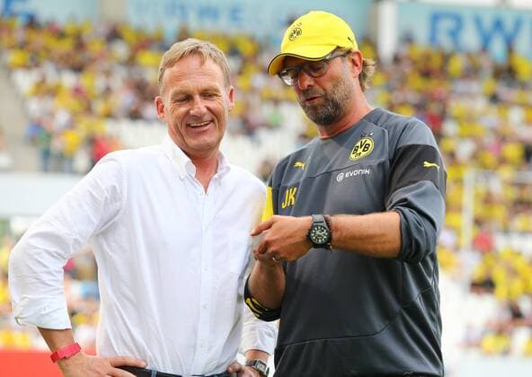 Samstag 27.07.2014, Saison 2014 2015, 1. Bundesliga, Vorbereitung des BVB, Testspiel im Stadion Essen, RW Essen - BVB Borussia Dortmund 1:5, Hans-Joachim Watzke (BVB, Vorsitzender der Geschäftsführung) mit Jürgen Klopp (Trainer, BVB), v.l.