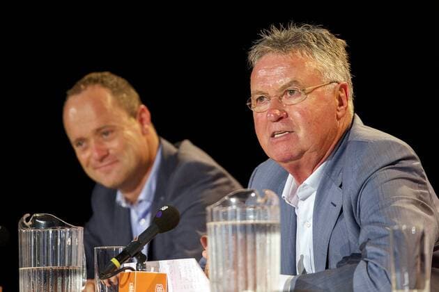(L-R) general director Bert van Oostveen of KNVB, coach Guus Hiddink of Holland during a press conference where Guus Hiddink is unveiled as new Netherlands manager on August 1, 2014 in Zeist, The Netherlands. Guus Hiddink unveiled as new Netherlands manager Zeist 2014 2015 xVIxxIVx 2485060