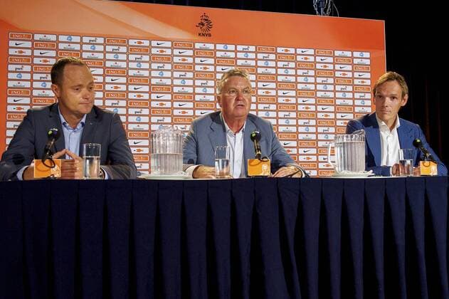 (L-R) general director Bert van Oostveen of KNVB, coach Guus Hiddink of Holland, press officer Bas Ticheler of KNVB during a press conference where Guus Hiddink is unveiled as new Netherlands manager on August 1, 2014 in Zeist, The Netherlands. Guus Hiddink unveiled as new Netherlands manager Zeist 2014 2015 xVIxxIVx 2485061