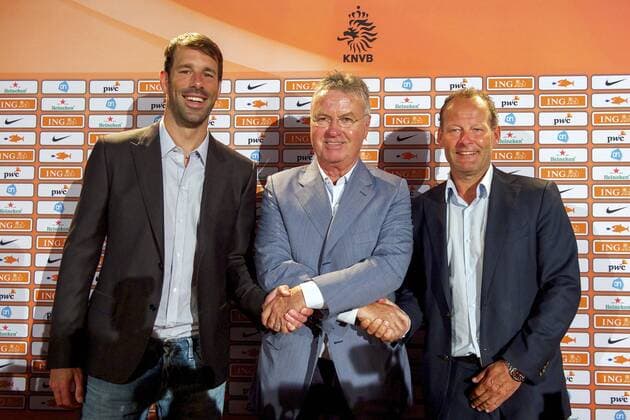 (L-R) assistant trainer Ruud van Nistelrooij of Holland, coach Guus Hiddink of Holland, assistant trainer Danny Blind of Holland during a press conference where Guus Hiddink is unveiled as new Netherlands manager on August 1, 2014 in Zeist, The Netherlands. Guus Hiddink unveiled as new Netherlands manager Zeist 2014 2015 xVIxxIVx 2485066
