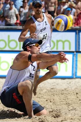 BEACH VOLLEYBALL - FIVB, Grand Slam Klagenfurt KLAGENFURT,AUSTRIA,01.AUG.14 - BEACH VOLLEYBALL - FIVB World Tour 2014, Grand Slam Klagenfurt. Image shows Adrian Gavira Collado and Pablo Herrera Allepuz (ESP). 