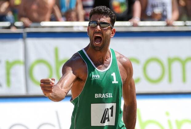 BEACH VOLLEYBALL - FIVB, Grand Slam Klagenfurt KLAGENFURT,AUSTRIA,01.AUG.14 - BEACH VOLLEYBALL - FIVB World Tour 2014, Grand Slam Klagenfurt. Image shows the rejoicing of Pedro Solberg Salgado (BRA). 