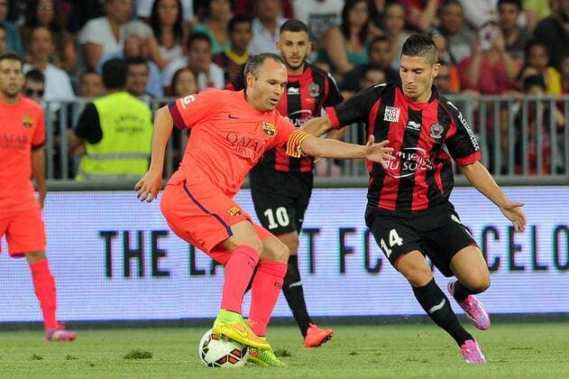 Jeremy Pied (Nice) Andres Iniesta (Barcelone) FOOTBALL : Nice vs Barcelone - Match amical - 02 08 2014 N.LeGouic FEP Panoramic 