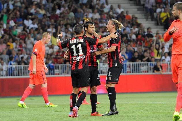 joie Dario Cvitanich apres son but - Niklas hult - Eric bautheac - Jeremy Pied (Nice) FOOTBALL : Nice vs Barcelone - Match amical - 02 08 2014 N.LeGouic FEP Panoramic 