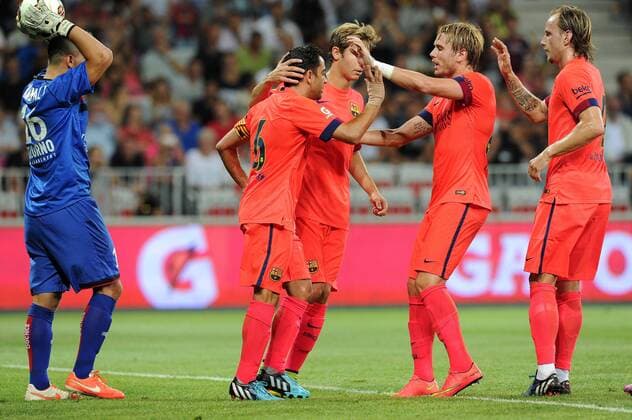joie Xavi Hernandez (Barcelone) FOOTBALL : Nice vs Barcelone - Match amical - 02 08 2014 N.LeGouic FEP Panoramic 