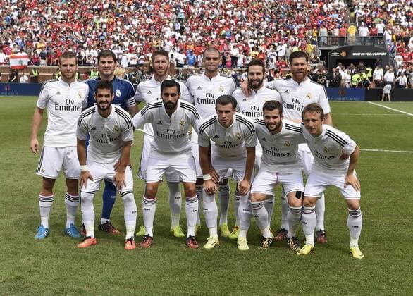 02.08.2014. Ann Arbour, USA. Back l-r: Asier Illarramendi, Iker Casillas, Sergio Ramos, Pepe, Daniel Carvajal, Xabi Alonso; front l-r: Isco, Alvaro Arbeloa, Gareth Bale, Nacho Fernandez, Luka Modric. Guinness International Champions Cup. Real Madrid versus ManchesterUnited. Madrid team group xPauloxNuccix  ActionPlus11547815