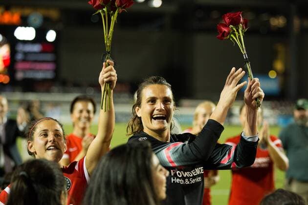 Aug. 3, 2014 - Portland s VERONICA BOQUETE (9) and NADINE ANGERER (1) celebrate their win. The Portland Thorns FC play the Houston Dash at Providence Park on August 3, 2014. Portland Timbers FC vs. Houston Dash  - ZUMAb13