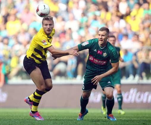 CIRO IMMOBILE ( BVB ) TOMASZ HOLOTA SLASK - WROCLAW 06.08.2014 FOOTBALL FRIENDLY GAME SEASON 2014 2015 SLASK WROCLAW - BORUSSIA DORTMUND (BVB)  140806MIN027