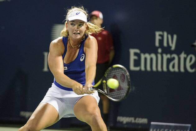 06 August 2014: Coco Vandeweghe of the United States hits a return during the second round of the Rogers Cup Presented by National Bank at Uniprix Stadium in Montreal, Quebec, Canada. TENNIS: AUG 06 Rogers Cup - woman Montreal Icon140806056 EDITORIAL USE ONLY