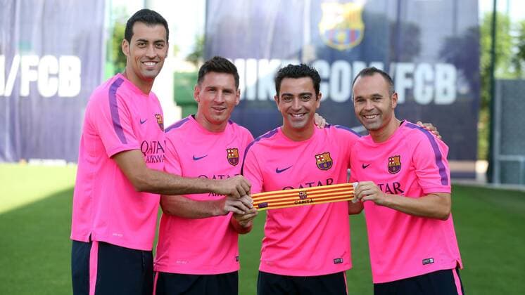 BARCELONA, SPAIN, AUGUST 07: Sergio Busquets, Lionel Messi, Xavi and Andres Iniesta, new captains of FC Barcelona for the season 2014 - 2015. (Photo: FC Barcelona Cordon Press) 