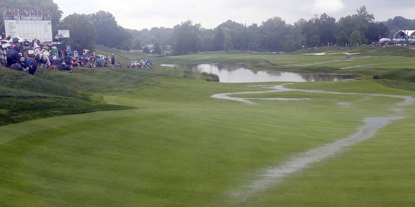 A thunderstorm forced a suspension in play of the final round of the 96th PGA Golf Herren Championship at Valhalla Country Club on August 10, 2014 in Louisville, Kentucky.  LOU2014081004