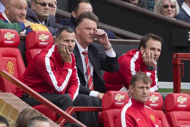 Louis Van Gaal, manager of Manchester United and assistant Ryan Giggs look glum in the dug out - Manchester United vs. Swansea - Barclays Premier League - Old Trafford - Manchester - 16 08 2014 Pic Philip Oldham Sportimage EDITORIAL USE ONLY. No use with unauthorised audio, video, data, fixture lists, club league logos or live services. Online in-match use limited to 120 images, no video emulation. No use in betting, games or single club league player publications.