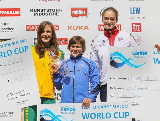 Siegerehrung Kanadier Einer, K1, Frauen, Kanu-Weltcup 2014, (v.li.) Rosalyn Lawrence (AUS) 2. Platz, Katerina Hoskova (CZE), Gesamtsiegerin, 1. Platz, Mallory Franklin (GBR), 3. Platz, mit Sieger-Schecks, ICF Kanuslalom Weltcup Finale 2014, Augsburg, Gesamtsieger,