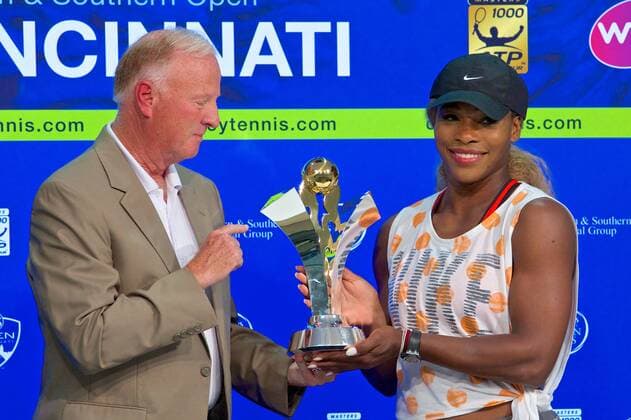 Aug. 16, 2014 - Mason, Ohio, USA - USTA General Manager J. Wayne Richmond presents The Emirates Airlines US Open Series Trophy to Serena Williams (USA) after her win at Saturday s Semifinal round of the Western and Southern Open at the Lindner Family Tennis Center, Mason, Ohio. Tennis 2014 - Aug 16 - Western & Southern Open - ZUMAs30
