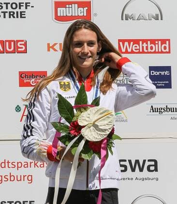 Ricarda Funk (GER), Kajak Einer, K1, Frauen, Tagessieg beim Weltcup-Finale, Siegerehrung, ICF Kanuslalom Weltcup Finale 2014, Augsburg, 17.08.2014,