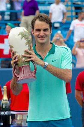 Aug. 17, 2014 - Mason, Ohio, USA - Roger Federer (SUI) holds his sixth Rookwood Trophy after winning Sunday s Championship match of the Western and Southern Open at the Lindner Family Tennis Center, Mason, Ohio. Tennis 2014 - Aug 17 - Western & Southern Open - ZUMAs30