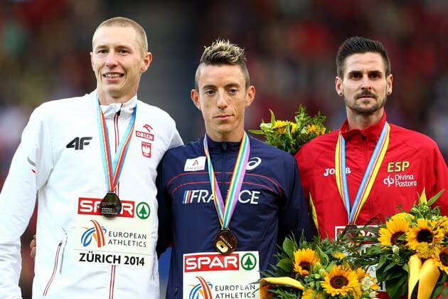 Silver medalist Krystian Zalewski of Poland, gold medalist Yoann Kowal of France and bronze medalist Angel Mullera of Spain stand on the podium during the medal ceremony for the Men s 3000m Steeple Podium ATHLETICS : European Championships - J6 - Zurich - 17 08 2014 PhotoNews Panoramic 