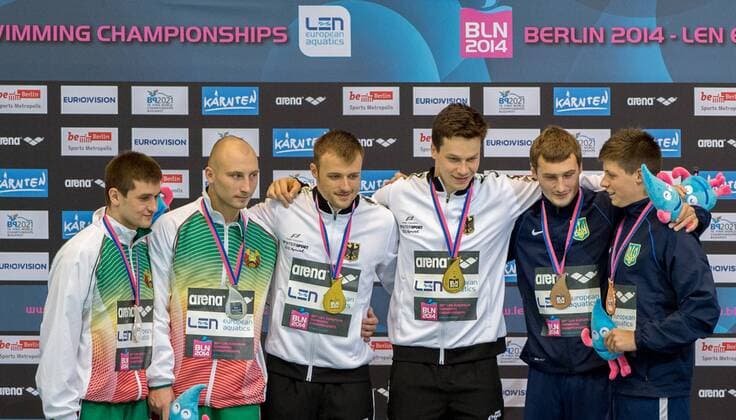 Team BELARUS BLR GERMANY GER UKRAINE UKR platform synchro final 32nd LEN European Berlin, Germany 2014 - Photo D.Montano Deepbluemedia Inside DiegoxMontano DBM