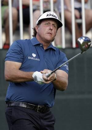 Phil Mickelson hits his tee shot on hole 1 in the first round at The Barclays at Ridgewood Country Club in Paramus, NJ on August 21, 2014. The Barclays this year returns to the Championship Course at the historic Ridgewood Country Club, site of The Barclays 2008 and 2010 championship.  NYP20140821101