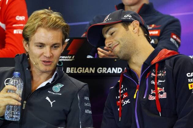 Nico Rosberg (GER), Mercedes AMG F1 W05 and Daniel Ricciardo (AUS) Red Bull Racing RB10 Belgian Grand Prix, Spa Francorchamps 