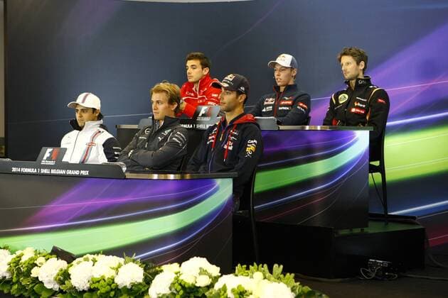 press conference with: Jules Bianchi (FRA) Marussia F1 Team MR02 Daniil Kvyat (RUS) Scuderia Toro Rosso STR9 Romain Grosjean (FRA) Lotus F1 Team E22 Felipe Massa (BRA) Williams F1 Team FW36 Nico Rosberg (GER), Mercedes AMG F1 W05 Daniel Ricciardo (AUS) Red Bull Racing RB10 Belgian Grand Prix, Spa Francorchamps 