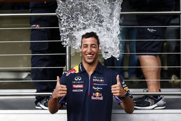 Motorsports: FIA Formula One World Championship 2014, Grand Prix of Belgium, 3 Daniel Ricciardo (AUS, Infiniti Red Bull Racing), ice bucket challenge xHOCHxZWEIx