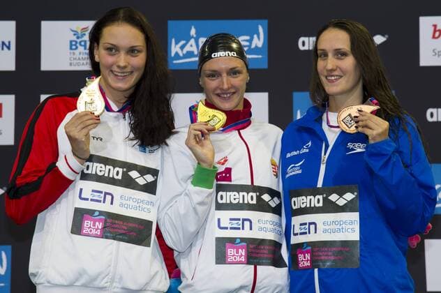HOSSZU Katinka HUN Gold Medal NIELSEN Mie Oe. DEN Gold Medal DAVIES Georgia GBR Bronze Medal 100m Backstroke Women Final 32nd LEN European Championships Berlin GiorgioxScala DBM
