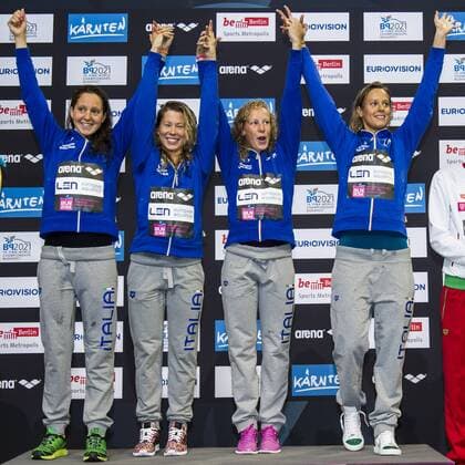 MIZZAU Alice ITA PIROZZI Stefania ITA MASINI LUCCETTI Chiara ITA PELLEGRINI Federica ITA Team Italy Gold Medal 4x200m Freestyle Women Final 32nd LEN European Championships Berlin GiorgioxScala DBM