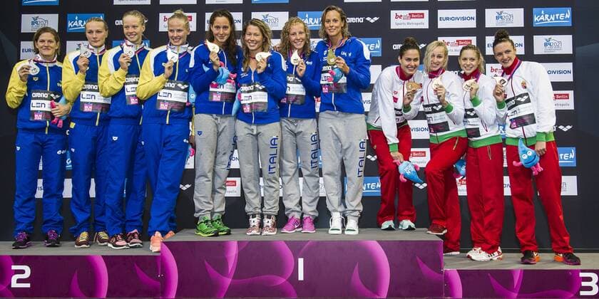 Team Sweden Silver Medal (L) Team Italy Gold Medal Team Hungary Bronze Medal 4x200m Freestyle Women Final 32nd LEN European Championships Berlin GiorgioxScala DBM