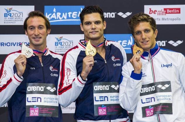GILOT Fabien FRA Silver Medal (L) MANAUDOU Florent FRA Gold Medal LEONARDI Luca ITA Bronze Medal 100m Freestyle Men Final 32nd LEN European Championships Berlin, Germany 2014 Aug.13 th - Aug. 24 th Day10 - Aug. 22 GiorgioxScala DBM