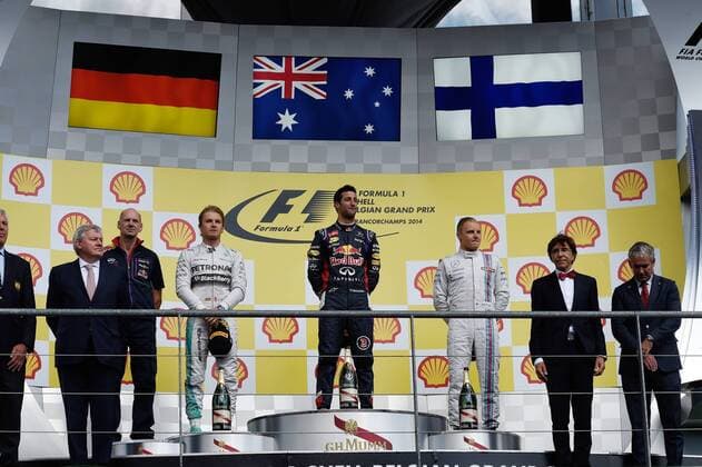 Podium, Nico Rosberg; Mercedes Grand Prix, Sieger Daniel Ricciardo, Red Bull Racing, Valtteri Bottas, Williams F1 Team, formula 1 GP, Belgien in Spa, 24.08.2014 Podium, formula 1 GP, Belgien,