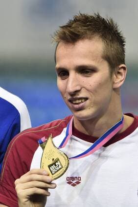 SWIMMING - LEN European championships BERLIN,GERMANY,24.AUG.14 - SWIMMING - LEN European championships. 200m Butterfly, men award ceremony. Image shows David Verraszto (HUN). Keywords: medal. 