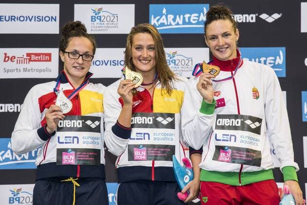 IGNACIO SORRIBES Judit ESP Silver Medal (L) BELMONTE GARCIA Mireia ESP Gold Medal HOSSZU Katinka HUN Bronze Medal 50m Butterfly Women Final 32nd LEN European Championships Berlin GiorgioxScala DBM
